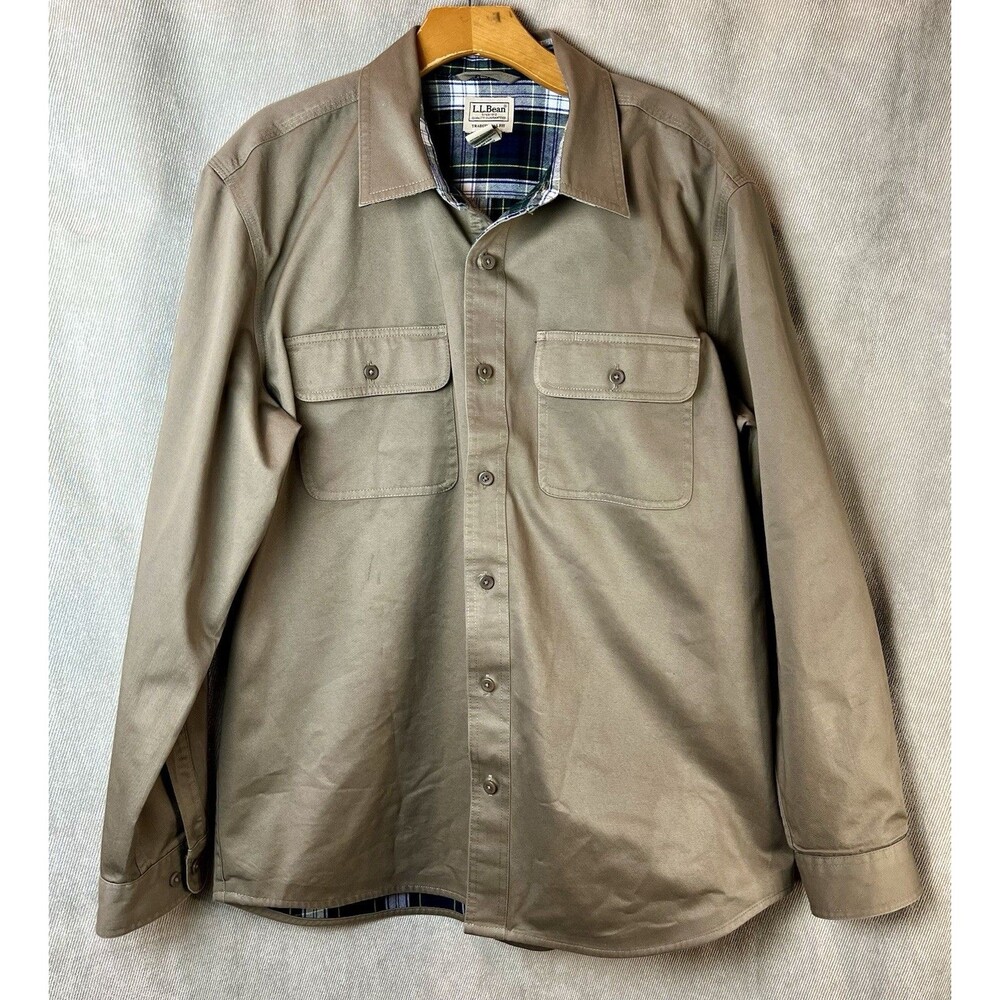 L.L. Bean Men’s Cotton Button-Up Work Shirt Large Regular Brown Plaid Lined